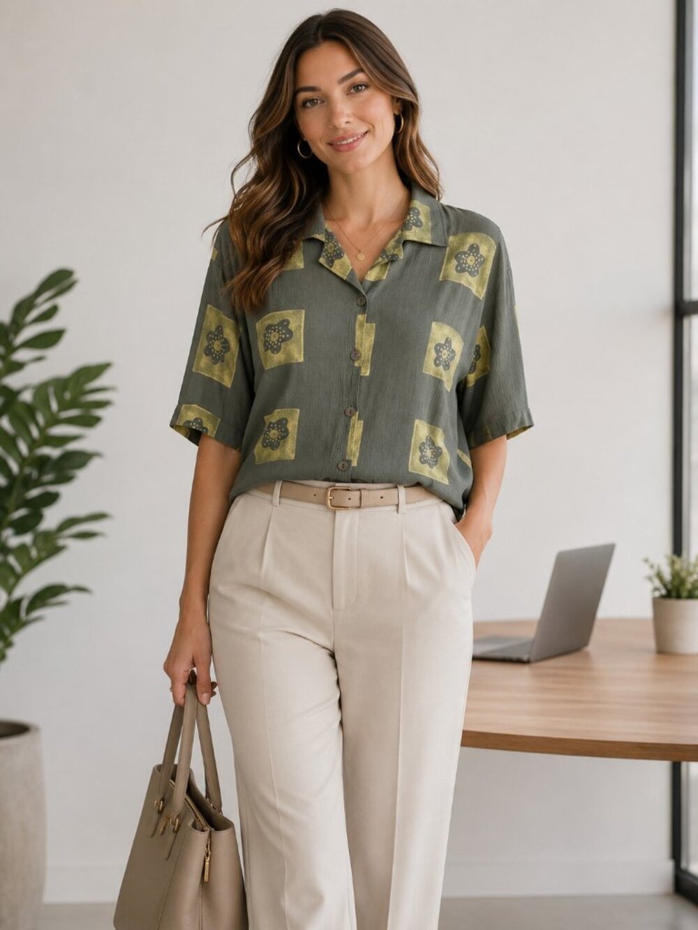 Kloz Olive Green Rayon Button Up Shirt Women's XL Vacation Resort Boho Casual